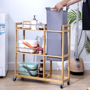 Multifunctional Storage <b>Rack</b> With Laundry Basket Bamboo Frame 3 Tier <b>Rolling</b> Cart For Bathroom Organization - Product Image 1