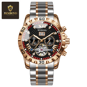 Binbond Automatic Skeleton Mechanical Watch For Men 50m Waterproof Stainless Steel Band Fold Clasp J889 - Product Image 5