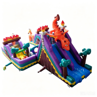 Structure gonflable géante sur le thème des animaux de la jungle, dinosaure, girafe, château gonflable avec toboggans intégrés, jeu d'obstacles interactif de carnaval