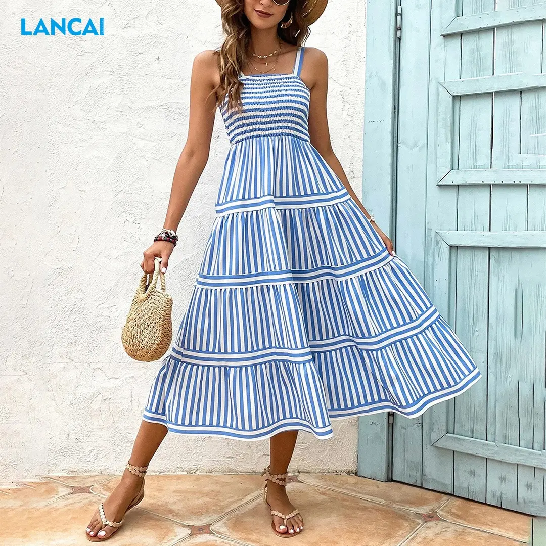Benutzer definierte Damenmode Sommer Casual Cotton Stripe Ärmellose Sling Lange Smocked Kleider Maxi Boho Ruffle Sun Dress