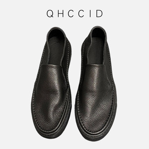 Qinhong Men's Genuine Leather Loafers Slip-on Soft Sole Low <b>Heel</b> Business Casual Moccasins Solid Color Black <b>White</b> - Product Image 3