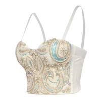 Top Corto Tipo Bustier para Mujer, Personalizado, Sexy, Tejido con Lentejuelas, Adornado con Estampado Floral, Transpirable, Ecológico, con Estampado Puff y Perlas