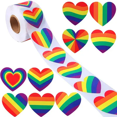 Полосатая наклейка в виде сердца и квадрата, 1,5 дюйма, 500 шт./рулон, радужная наклейка для геев, наклейка ЛГБТ-Прайд