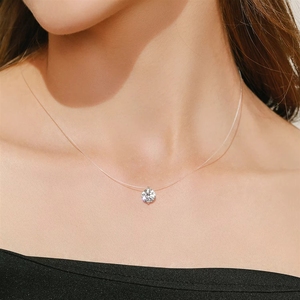 จี้ห้อยคอแบบใสสีเงิน โซ่เงินแท้ 925 ประดับเพชร CZ ใส สายแบบเส้นเอ็นตกปลา สร้อยคอโชคเกอร์สำหรับผู้หญิงและเด็กผู้หญิง - Product Image 4