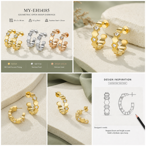 Boucles d'oreilles créoles géométriques en zircon, en acier inoxydable plaqué or 14 carats, or, argent, or rose, ouvertes, style Huggie - Product Image 3