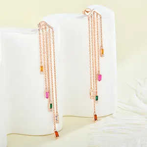 Fashion Gold Plated 925 Silver Colorful Gemstone Chain Earring Sparkling Diamond Tassel Long Earring