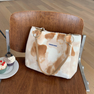 Sac fourre-tout en fausse fourrure de lapin, marron et bleu, couleur unie, fermeture éclair, pour tenues de tous les jours, sac à bandoulière grande capacité pour femmes - Product Image 2