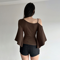 T-shirt vintage perlé pour femme, épaules dénudées, manches volantées, coupe ample, grande taille, haut tricoté d'été, style décontracté streetwear