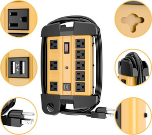 Multiprise robuste avec protection contre les surtensions, 8 prises et 2 ports USB, homologuée ETL, pour bureau/atelier/usine/école - Product Image 1