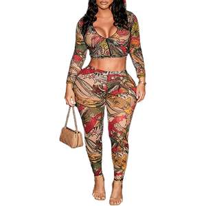 Ensemble deux pièces sexy personnalisé 2026 pour femme, imprimé résille, col en V, moulant, transparent, pour club, avec pantalon et haut translucides - Product Image 1