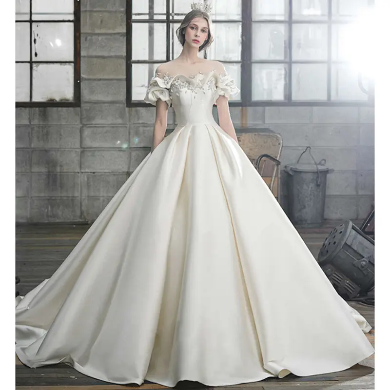 royal off the shoulder satin silk wedding dress main wedding dress 2022 new bride advanced trailing ball gown wedding dress