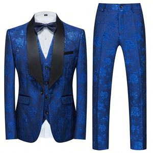 Herren Hochzeitsanzug Slim Fit 3-teilig Blau Jacquard Schwarzer Schalkragen Maßgeschneidert Business Formell Bräutigam Abschlussball Kostüm Übergröße - Product Image 2