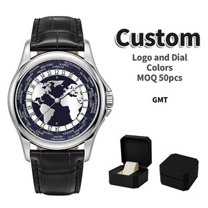 นาฬิกาจักรกล GMT หลายเขตเวลา พร้อมโลโก้สั่งทำ OEM ODM หน้าปัดอะเวนเจอรีนลายแผนที่โลก ขนาด 42 มม. ตัวเรือนสแตนเลส สายหนัง - Product Image 1