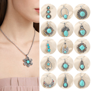 Collier Bohème Turquoise pour Femme, Pendentif Goutte d'Eau en Alliage Argenté Tibétain, Bijoux de Fête, Colliers Perlés Tendance - Product Image 2