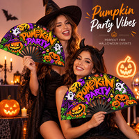 Éventail Pliant Premium en Bois et Bambou, 13 Pouces, Motif Citrouille, pour Fêtes d'Halloween et Événements de Rue, Imprimé