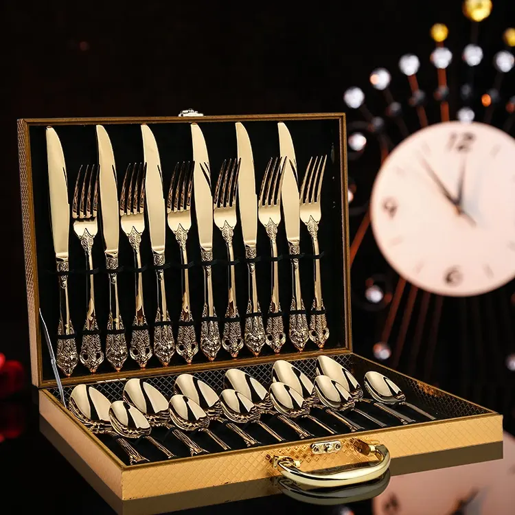 stainless steel tableware 24-piece set Fork and Spoon wooden tableware set Steak knife