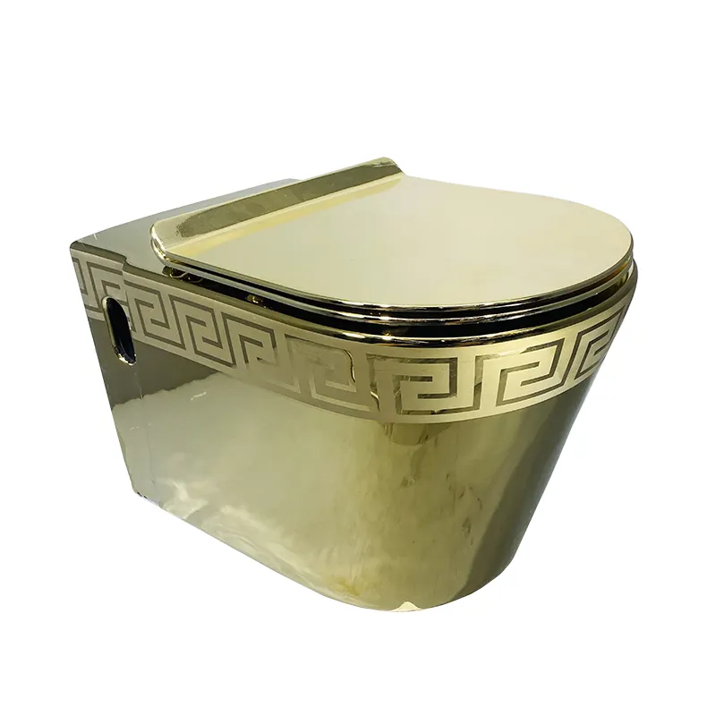 Golden colour wall mounted hanging toilet bowl ceramic bathroom luxury gold plated wall hung toilet