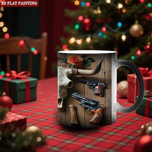 Mug en céramique noir givré de 11 oz, tasse magique changeante de couleur avec motif de crâne occidental et pistolet, peinture 2D plate - Product Image 2