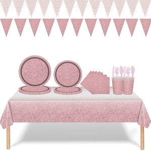 Pink <b>Round</b> Paper Plates For Birthday Party Luxury Style Disposable Tableware Set - Product Image 5
