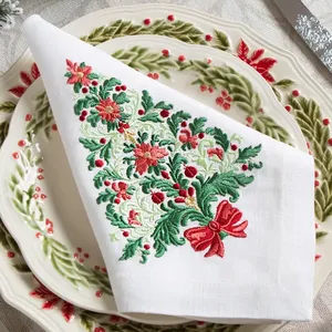 Serviette blanche en <span class=keywords><strong>lin</strong></span> 100% avec feuilles vertes Fleurs et baies rouges et nœud rouge pour les dîners de Noël - Product Image 1