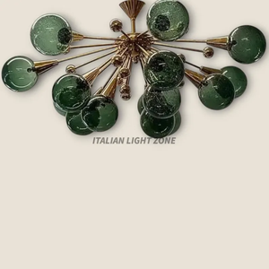 Lustre moderne de luxe en laiton et verre vert, 14 globes, style Sputnik italien Stilnovo, luminaire suspendu pour salon et salle à manger - Product Image 4
