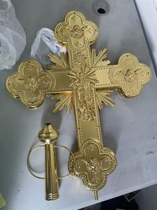 Cruz Procesional Ortodoxa Oriental HT, Chapada en Oro, Grabada por Ambos Lados, Aleación de Zinc, Cruz Religiosa con Ángeles y <span class=keywords><strong>Doce</strong></span> Apóstoles, 75 cm - Product Image 3