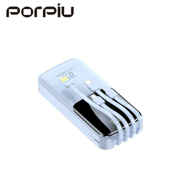 PORPIU Portable 10000mAh Power Bank 4-in-1 22.5W Fast Charging Built-in Cables Outdoor 20000mah Power Bank for Phone