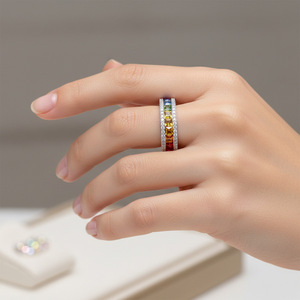 Anillo de Eternidad de Lujo para Mujer, Chapado en Oro de 18K, con Diamantes de Corte Princesa y Piedras Preciosas de Colores, Engaste en Canal, Estilo Geométrico - Product Image 3
