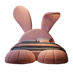 Leichte Luxus Kinder rosa Prinzessin Bett Cartoon Kaninchen multifunktion ale Mädchen Bett Stoff Massivholz Bett