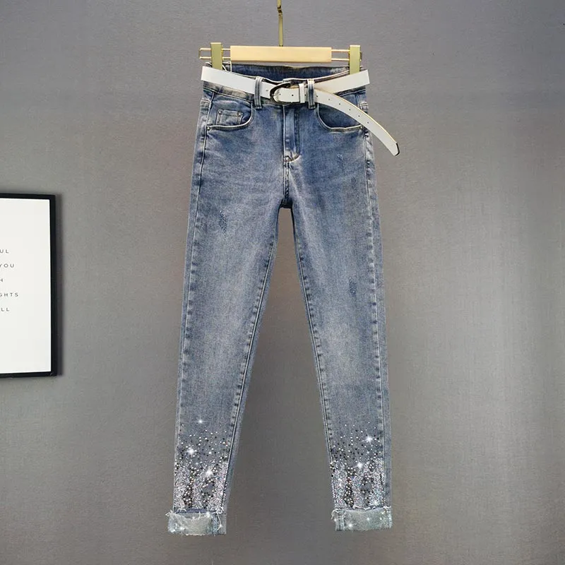 Jean Slim à strass pailletés pour femme, pantalon en Denim, coupe crayon, Slim, taille haute, nouvelle collection printemps/été 2021