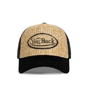 Gorras de béisbol bordadas con marco A en blanco liso y ajustable de 5 paneles con logotipo personalizado, sombreros de malla con tejido de paja