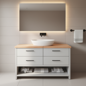 Meuble-lavabo de salle de bain moderne et minimaliste, 55,1 pouces de large, en bois massif avec tiroirs, vasque en céramique, finition brun clair - Product Image 2