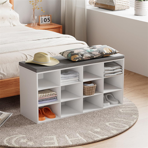 Banco Zapatero Multifuncional de Madera Maciza con 12 Compartimentos y Cojín - Product Image 1