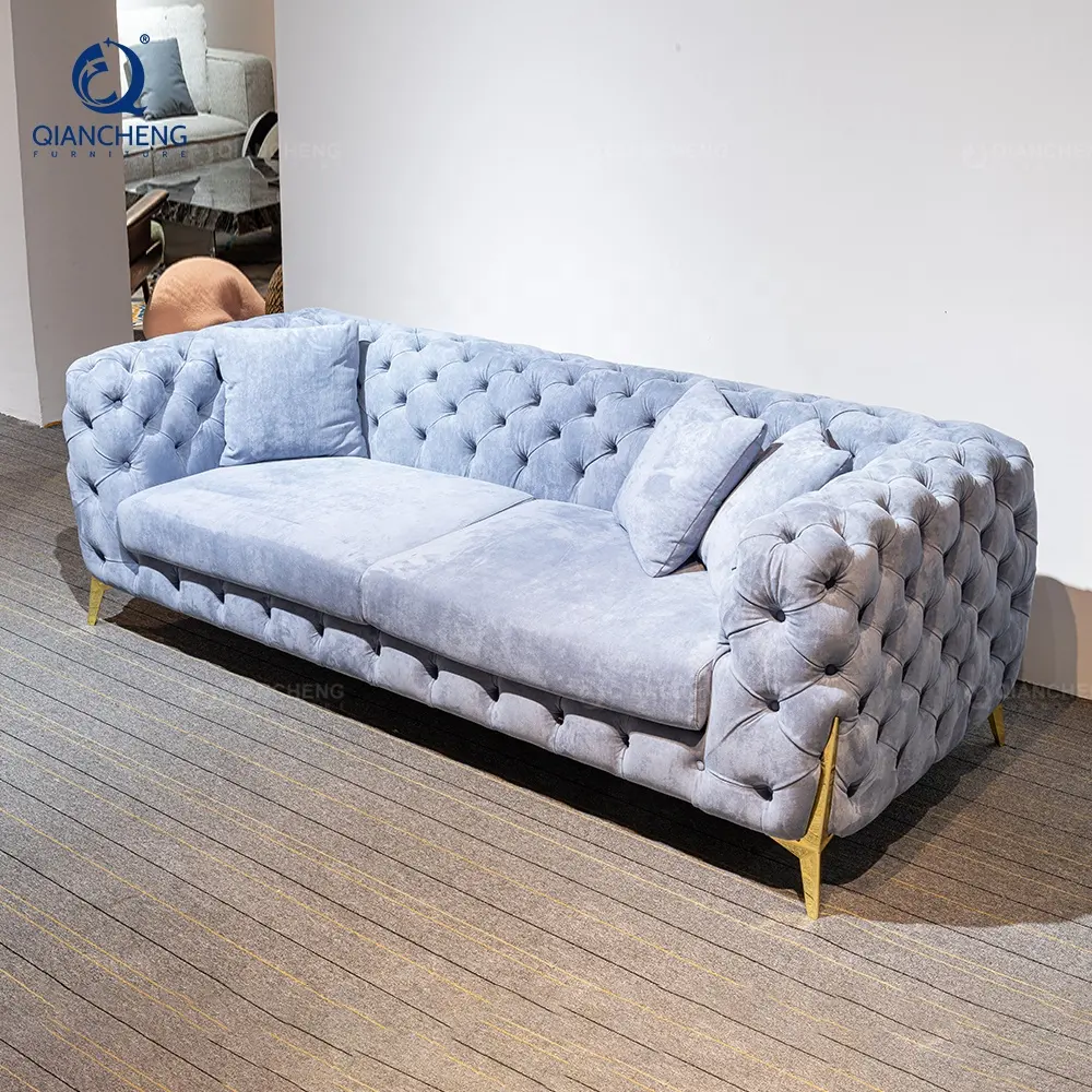 QIANCHENG sofa kain pelapis chesterfield, set furnitur ruang tamu mewah, set sofa beludru murah