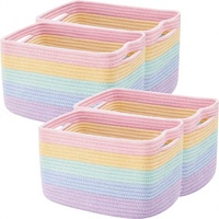 Ensemble de 4 paniers de rangement rectangulaires en corde de coton arc-en-ciel tressée avec poignées pour le rangement des jouets de la crèche, pour bébé fille