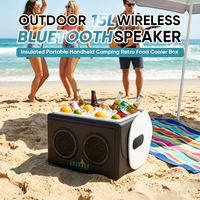 Kotak Pendingin Terisolasi Tahan Guncangan 15L dengan Speaker Bluetooth, 6 Sisi Busa PU, untuk Berkemah Piknik, Menjaga Makanan Tetap Dingin