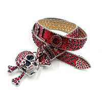 Ceinture unisexe tendance en alliage PU faite à la main avec boucle tête de mort en strass, style western cowboy et cowgirl, ornée de cristaux