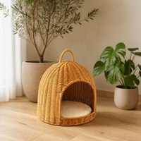 Panier pour animaux de compagnie en rotin synthétique tressé avec poignée, écologique, facile à nettoyer, résistant aux insectes, pour une utilisation intérieure toute l'année, pour chatons et chats