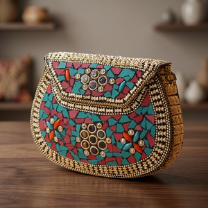 Sac à main mosaïque fait main avec incrustations en résine rouge et verte, chaîne en métal doré, idéal pour les mariages et événements festifs, ensembles de pochettes et sacs à main - Product Image 1