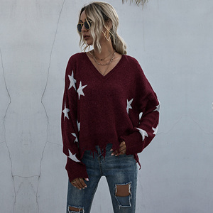 Pull décontracté à col en V avec étoile à cinq branches pour femmes - Product Image 6