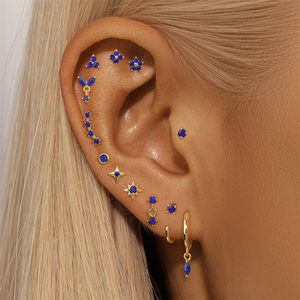 Boucles d'oreilles clous en argent sterling S925 de haute qualité, motif fleur, lapis-lazuli naturel, tête plate, design tendance et à la mode - Product Image 6