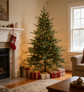 Sapin de Noël artificiel réaliste de 6/7/8 pieds, branches complètes, aiguilles en PE floquées, lumières <span class=keywords><strong>LED</strong></span> |   Décoration de Noël d'intérieur haut de gamme - Product Image 1