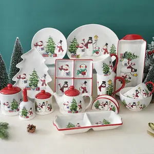 Set peralatan makan Natal, Set peralatan makan kreatif, pola Santa Claus, mug keramik, piring mangkuk, panci teh untuk aksesoris dekorasi Festival