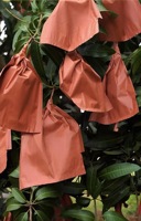 Ecologisch verantwoorde, wasbehandelde, waterdichte fruitboomzak met handvat voor mangobescherming, groei en gebruik in de landbouw, met reliëf.