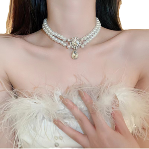 Parure de collier et boucles d'oreilles élégante en perles d'imitation haut de gamme, plaqué argent, style islamique classique, pour fiançailles et mariage, pour femme, transfrontalière - Product Image 1