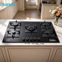 Cuisinière à gaz encastrable Xunda Factory à 5 brûleurs, en verre trempé noir, pour la cuisine domestique et l'hôtellerie