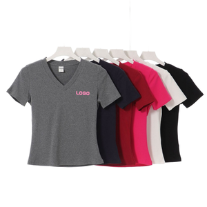 Camisetas de Manga Corta para Mujer, Cuello en V, Corte Ajustado, Color Liso, Transpirables, Tejido Liso de Alta Calidad, 230 g/m², 92% Algodón, 8% Elastano - Product Image 1