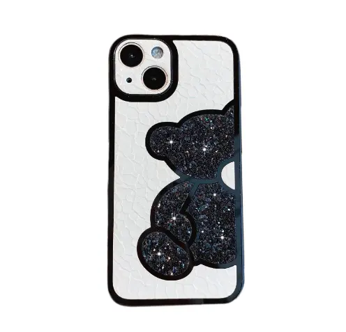 Cute Korean Glitter Bear Leather Phone Case For iPhone 14 Pro Max 14Plus 13 12 11 XS XR X Luxury Bling Shockproof Silicone Cover