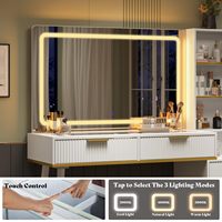 Coiffeuse moderne écologique avec miroir LED, 5 tiroirs, plateau en verre, 3 niveaux d'intensité réglables, commande tactile et fonction de charge