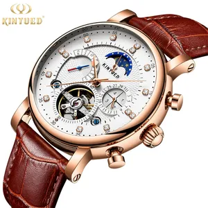 KINYUED J025 럭셔리 시계 기계식 달 위상 달력 고품질 자동 Tourbillon 기계식 남자 시계